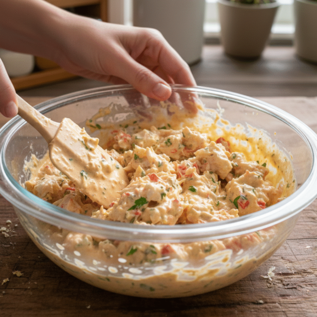 Mixing the crab cake batter