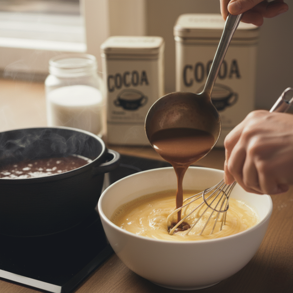 Tempering: pouring hot cream into yolks