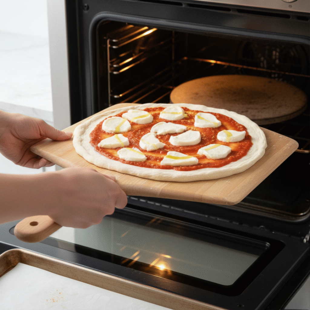Sliding pizza into oven