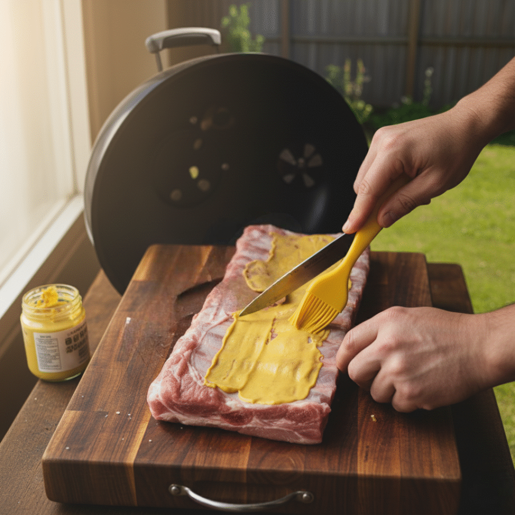thin layer of mustard all over the ribs