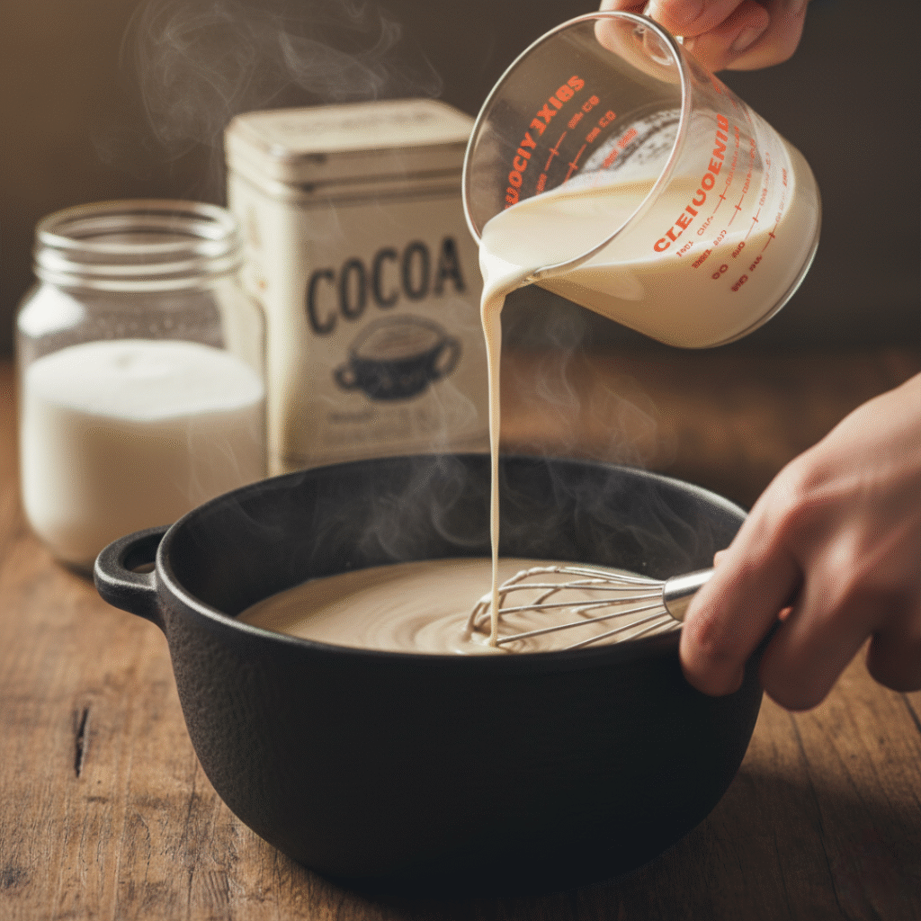 Pouring cream & milk, whisking smooth