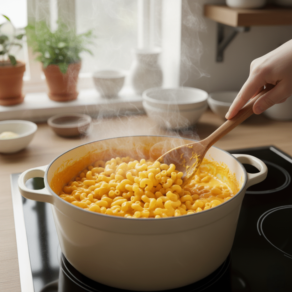 cooked pasta into the cheese sauce