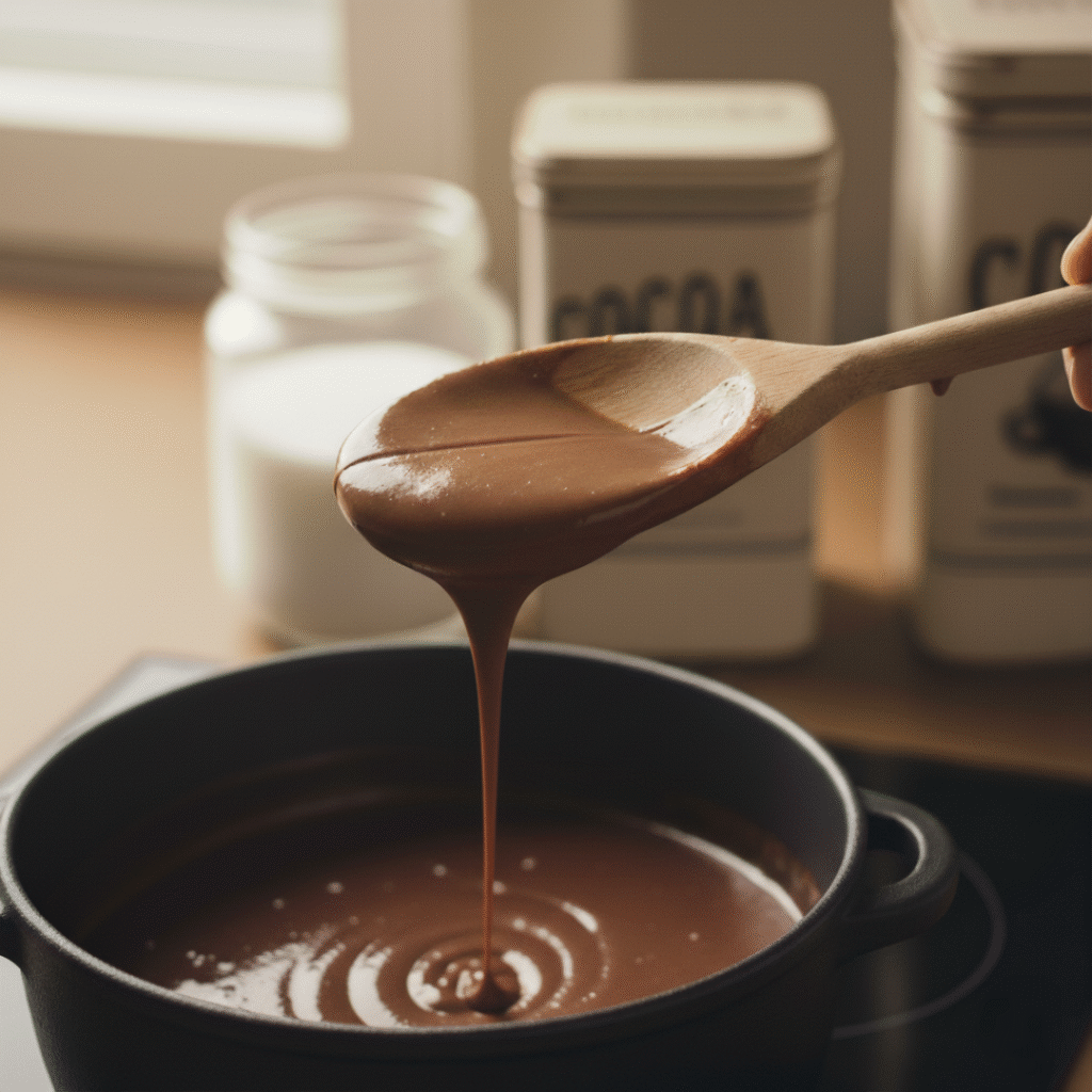 Custard back on heat, thickening on spoon (spoon-coating)