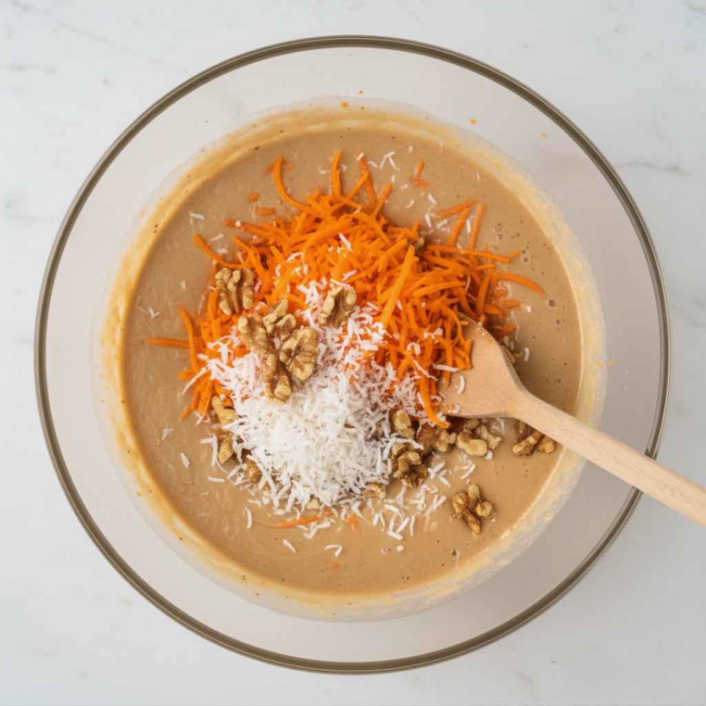 Folding in Carrots, Nuts, Coconut