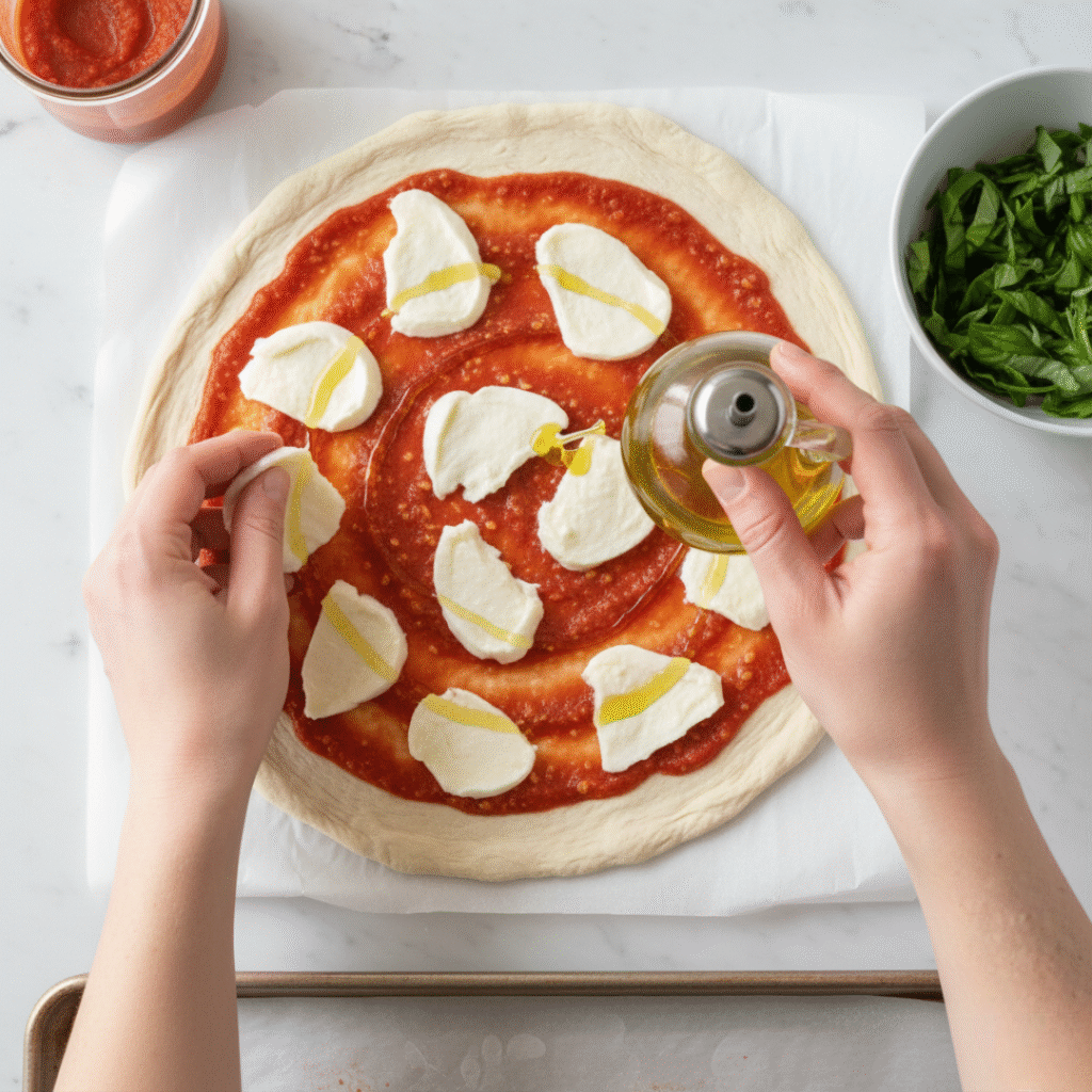 Adding mozzarella & olive oil