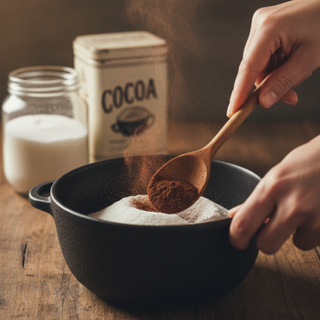 Mixing cocoa with sugar in the pot