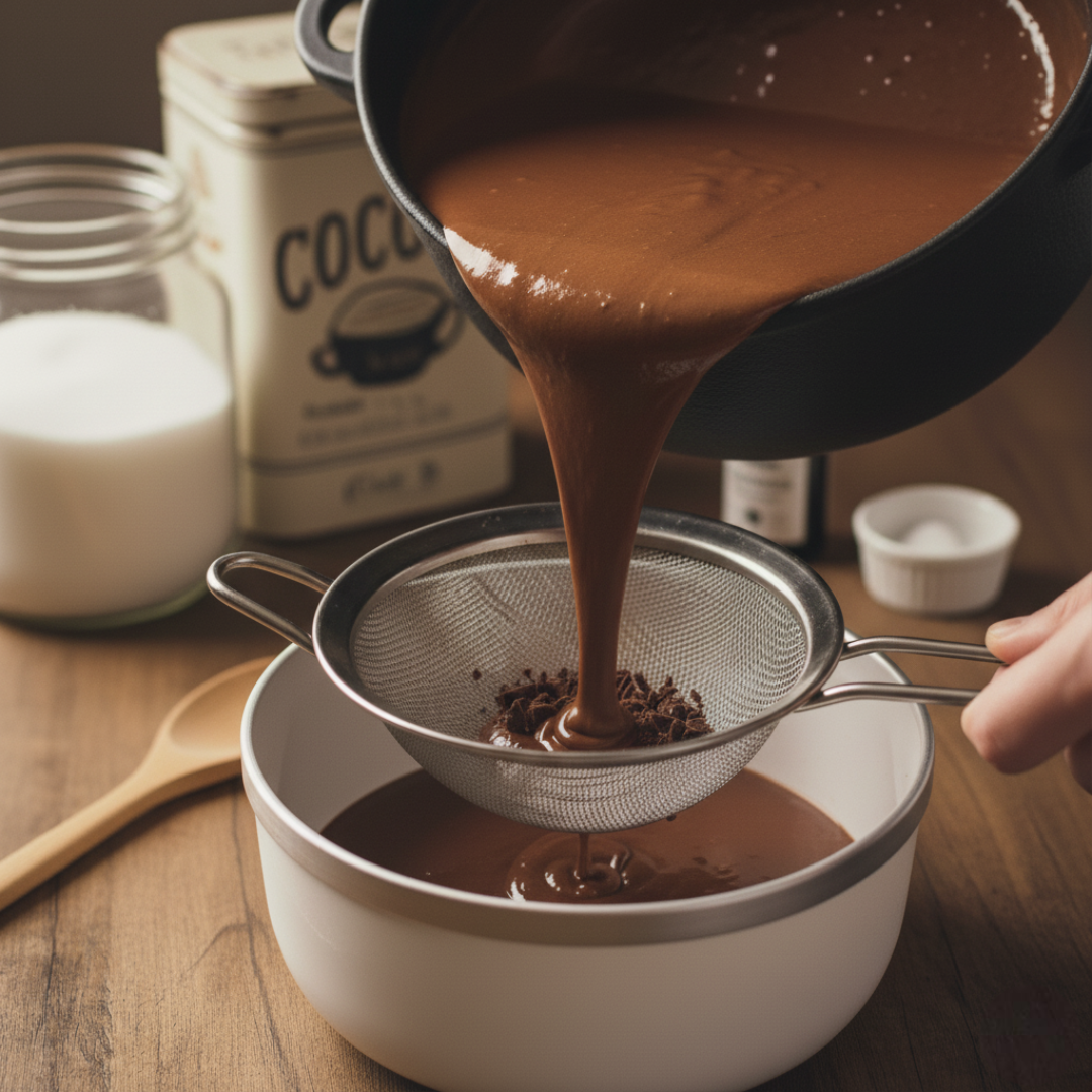 Straining into bowl (fine mesh) for smoothness