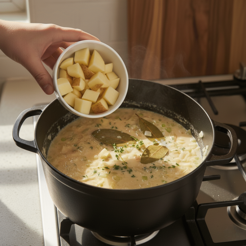 add potato cubes bay leaves thyme