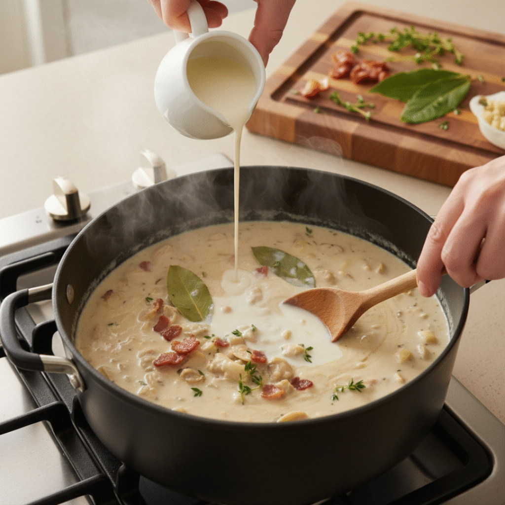 add bacon clams cream