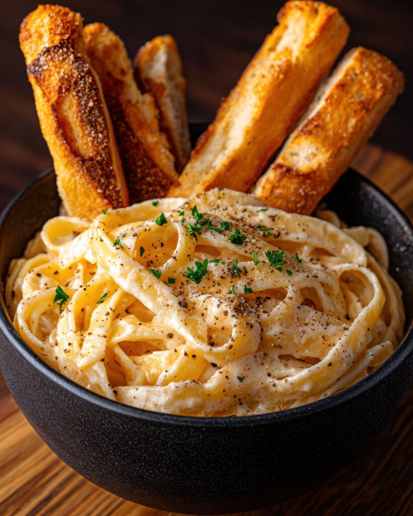 vecteezy creamy fettuccine alfredo with breadsticks 56794638