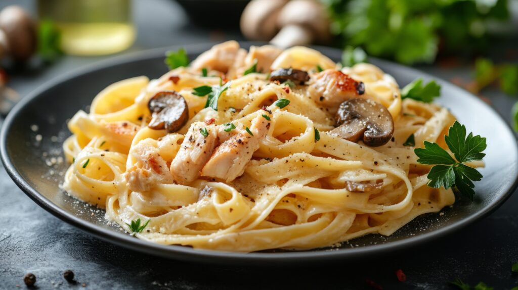 vecteezy creamy fettuccine with chicken and mushrooms served on a 49506838 1 1