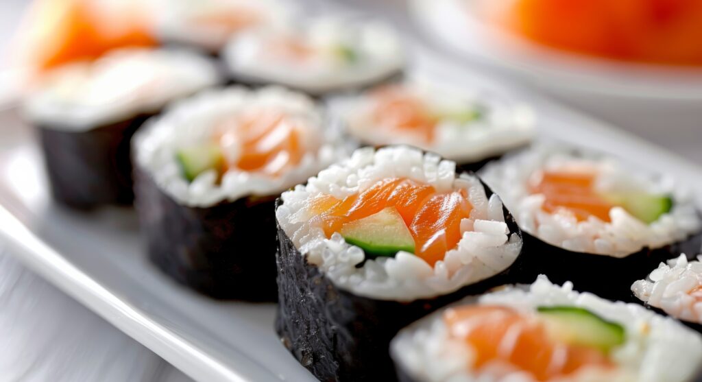 vecteezy fresh salmon sushi rolls with sesame seeds on a white plate 49087112