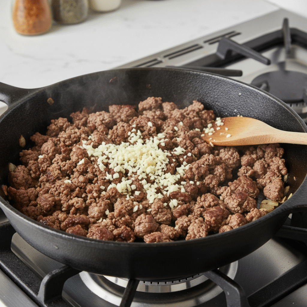 Adding the Ground Beef and Garlic