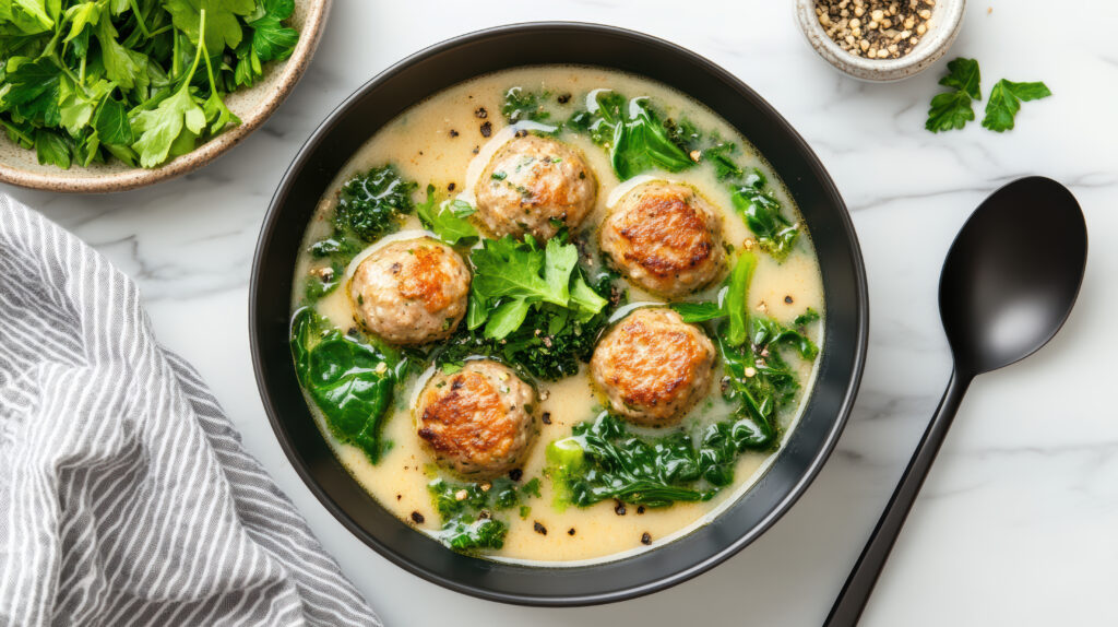 vecteezy a bowl of soup with meatballs and greens 65464590 3