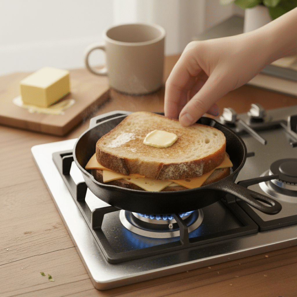 Finished grilled cheese on wooden board