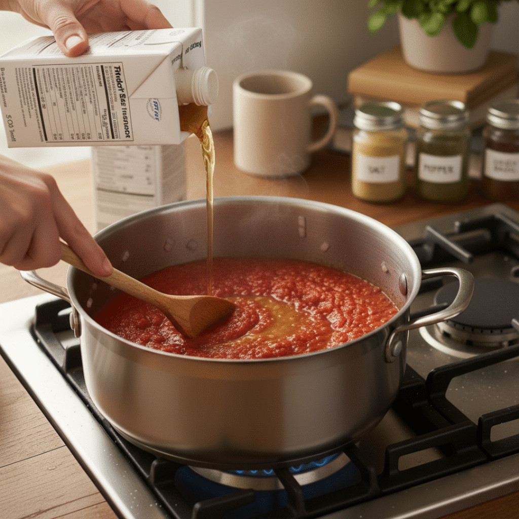 Broth added and stirred
