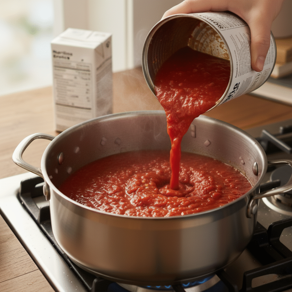 Canned tomatoes poured in