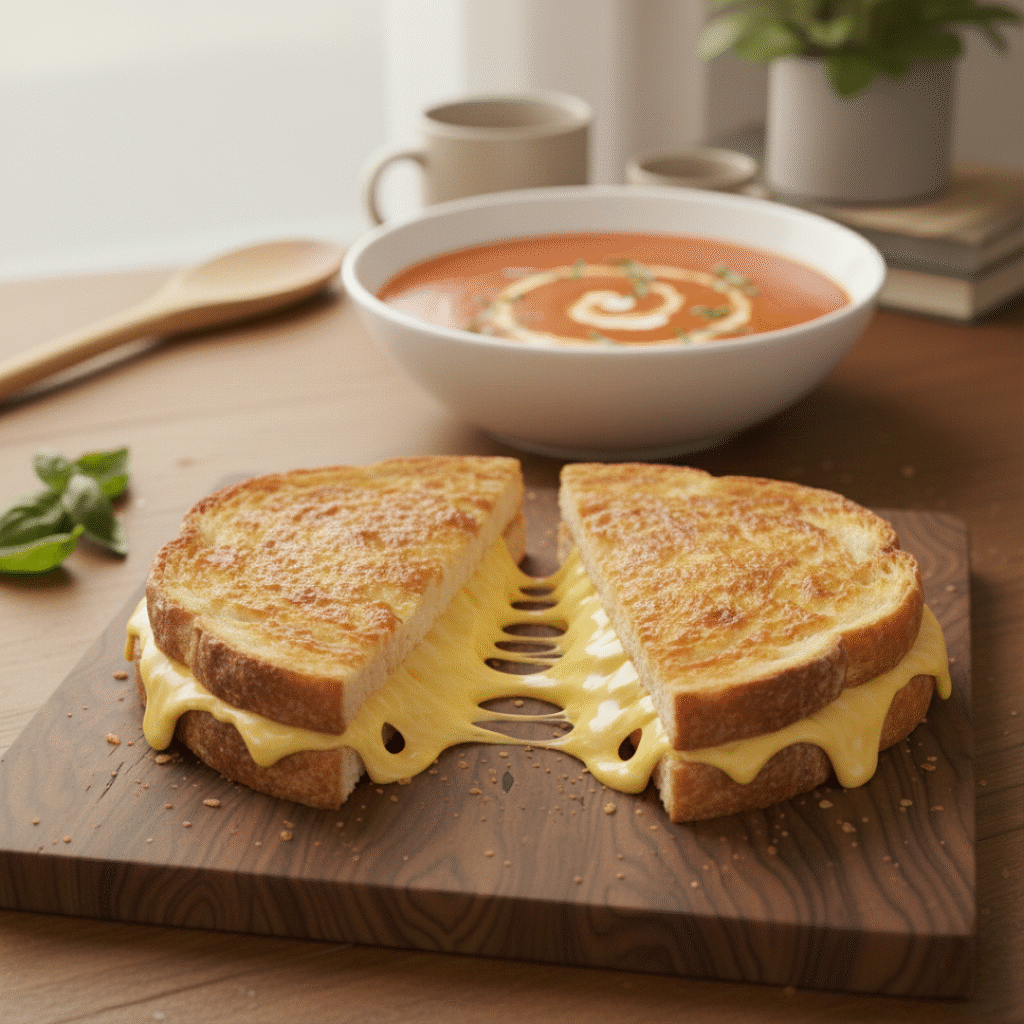 Finished grilled cheese on wooden board