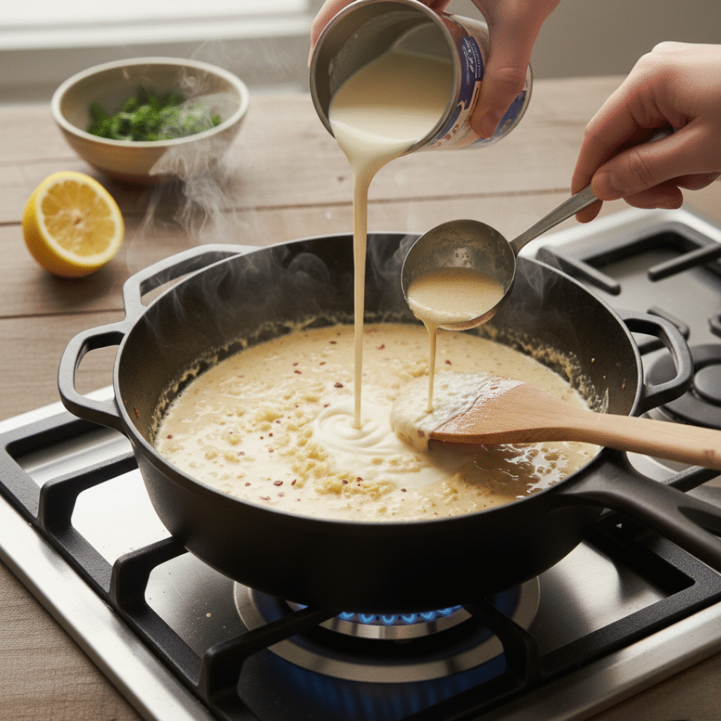 Cream added + pasta water whisked in