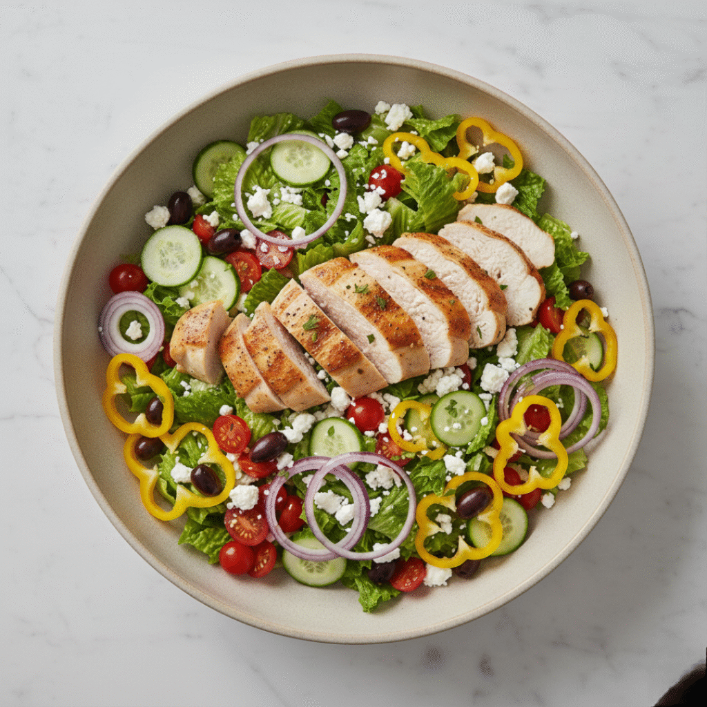 Combining Salad and Chicken in a Bowl