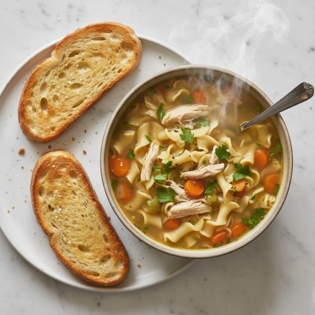 Crusty Bread with Chicken Noodle Soup